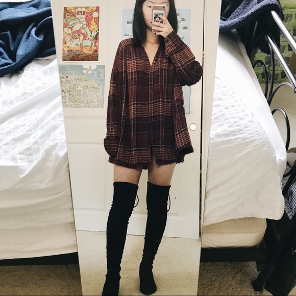 plaid shirt dress with knee high boots
